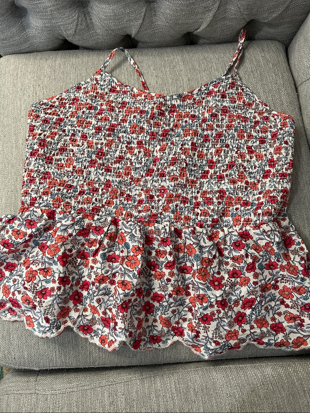 No Boundaries White Smocked Cami with Red & Orange Floral